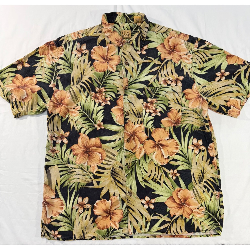 Jos A Bank Mens Large Silk Tropical Hibiscus Floral Short Sleeve Button Down
